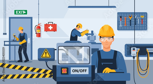 Foto Factory workers operating machinery in a modern industrial workshop with safety equipment