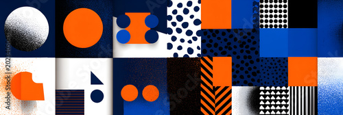 A vibrant abstract composition with geometric shapes, gradients, and textures in a grid-like arrangement. The color palette features blue, orange, black, and white