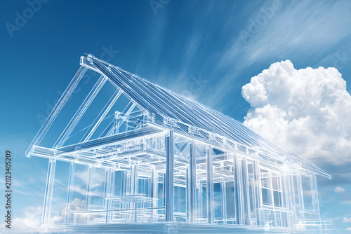 A translucent, architectural diagram of a house hovers against a bright blue sky filled with swirling, white clouds. The structure is rendered in glowing blue lines