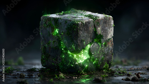 A stone cube, embedded with glowing green energy, rests on wet ground with hints of fog, moss growing on its sides
