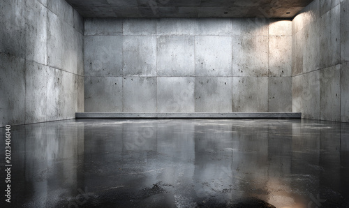 A stark, minimalist interior, a concrete box with a reflective, wet floor. Soft light illuminates a back wall platform