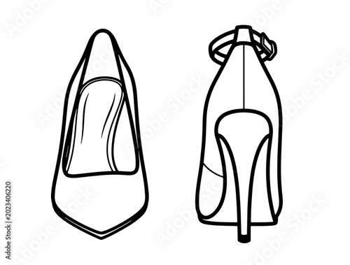 High heels pumps line art vector illustration. Technical sketch  with front and back views