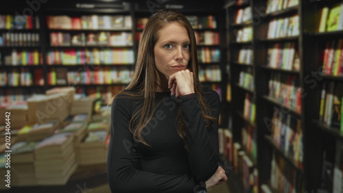 Obraz na plátně Woman hand on chin among books in library building near shelves and stacks; thoughtful study reflection