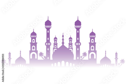 Purple Gradient Islamic Background with Mosque Silhouette
