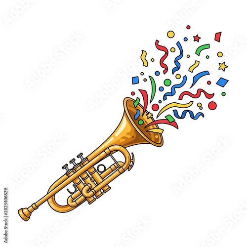 Cartoon trumpet blowing colorful confetti and streamers on white background