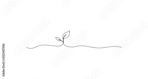 Minimalist single line drawing of small green sprout growing from wavy ground path.