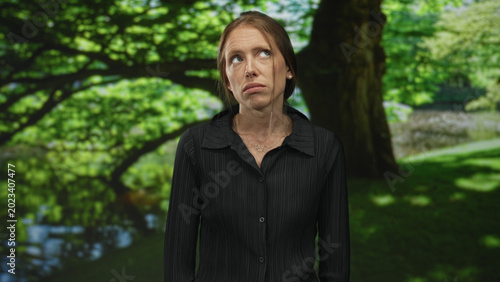 Young hispanic woman grimacing and looking aside, showing face and bare neck while standing in a green forest with large shaded trees; disgust unease.