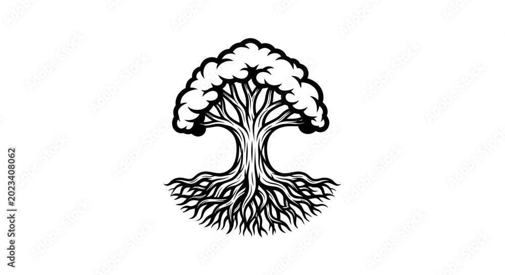 Fototapeta premium Stylized monochrome illustration of a tree, encompassing both roots and a full crown of leaves