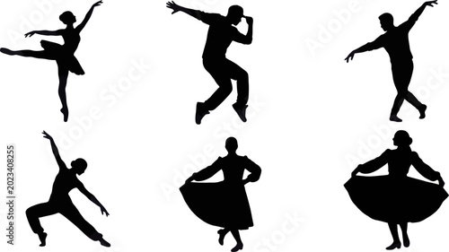 Six dancers in various poses perform on stage with elegance and poise in vector.