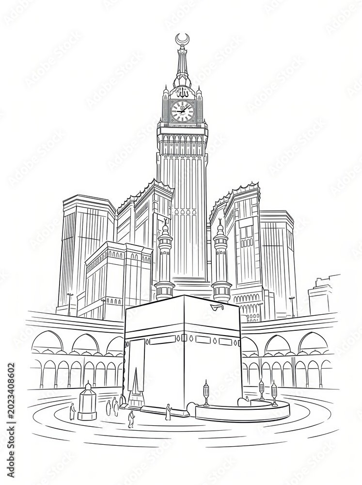 Fototapeta premium Linear Architecture Sketch of Makkah Clock Tower Looming Over the Holy Kaaba