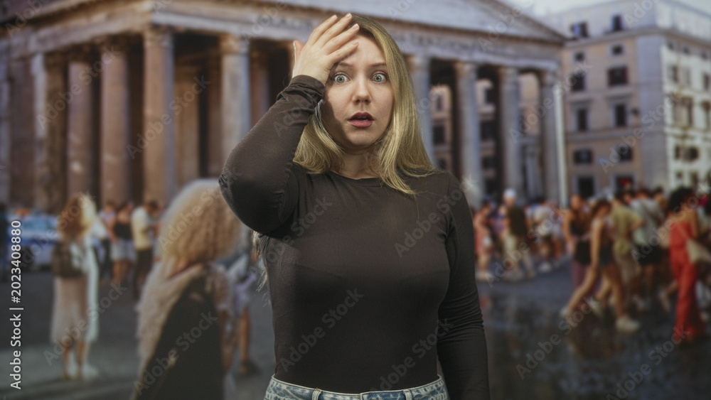 Fototapeta premium Woman holding hand to forehead, mouth open and free hand near abdomen, standing before a large classical building with crowded tourists; sudden surprise.