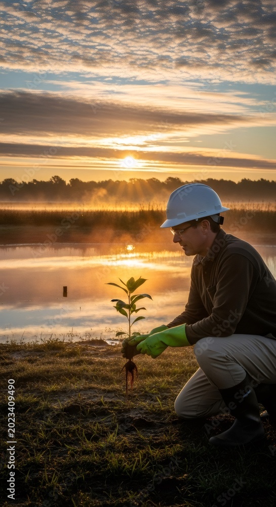 Fototapeta premium Man in hard hat and gloves planting a young tree near water at sunrise. Reforestation ecology project concept. Environmental conservation for Earth Day.
