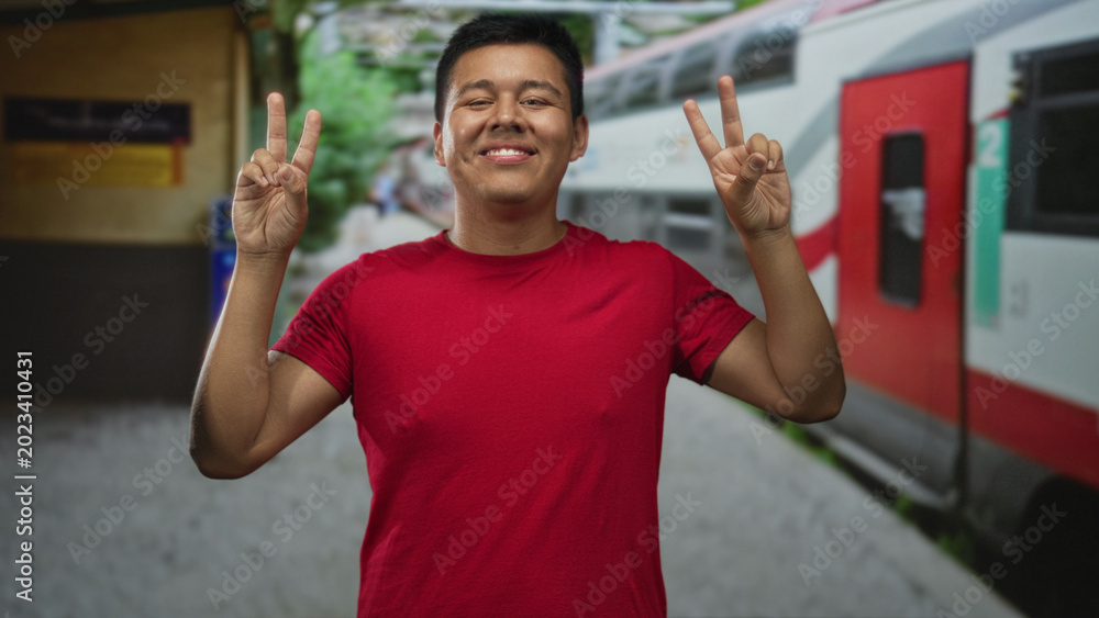 Fototapeta premium Hispanic man smiling and flashing peace signs with both hands in a train station building wearing a red shirt and standing by the platform; joy travel optimism.