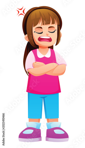 Annoyed girl with arms crossed and anger symbol looking away in irritation. Vector cartoon character illustration