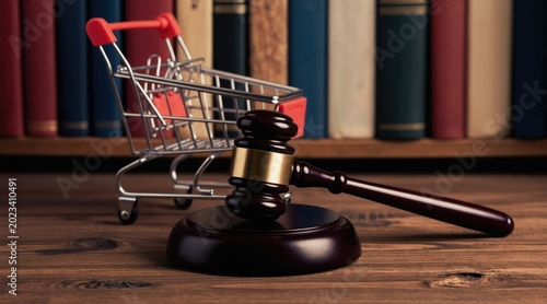 Gavel and small shopping cart sit on wooden desk before bookshelf. Symbolizes consumer law and legal rights for shoppers, purchase disputes, and retail justice.