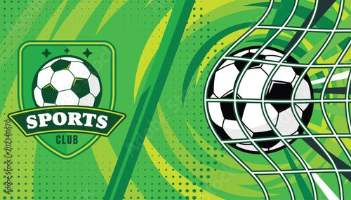 Vibrant sports club graphic with soccer balls and green background