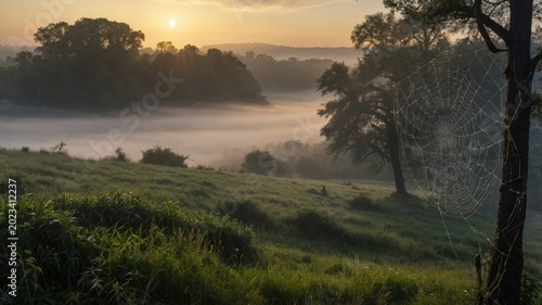 Serene sunrise over a misty landscape with dew-covered spiderwebs and lush greenery in the foreground