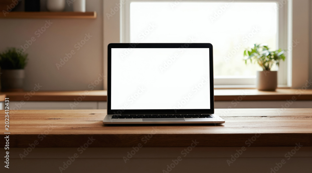 Fototapeta premium Laptop open on a wooden kitchen counter with a blank screen. Light shines from window, creating bright work space. Modern home office setup.