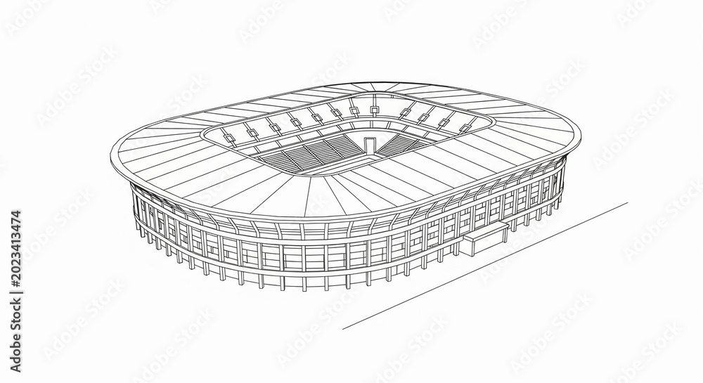 Obraz premium Modern architectural line drawing of a large, elliptical sports stadium with tiered seating, floodlights, and an open field, viewed from a high angle on a white background.