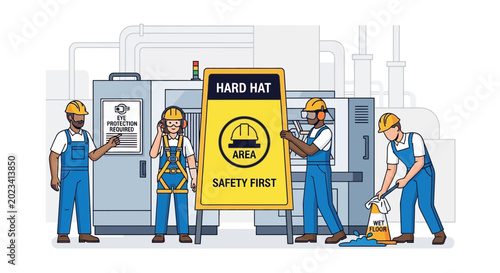 Quadro su tela Factory workers ensure safety with hard hats and signs, promoting a secure workplace