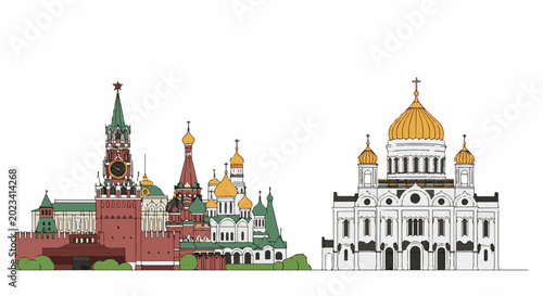 Stylized cartoon depiction of Russian architectural landmarks with golden domes and red fortifications