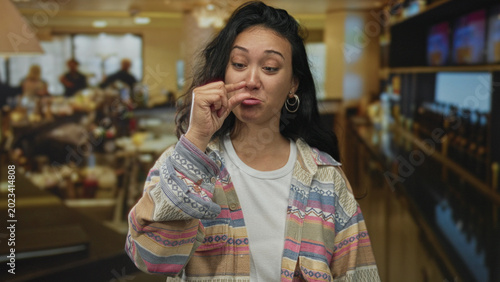 Bild auf Leinwand Woman pinches fingers near face in restaurant building, smiling and wearing patterned jacket and hoop earrings; playful teasing