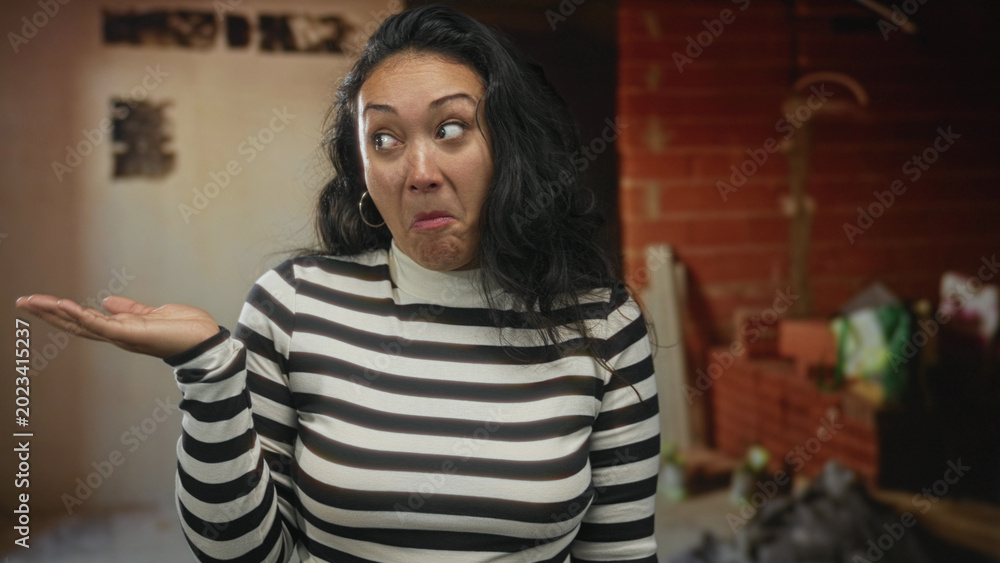 Fototapeta premium Young hispanic woman wearing striped sweater shrugs with both palms up among construction bricks inside a building; confusion doubt.