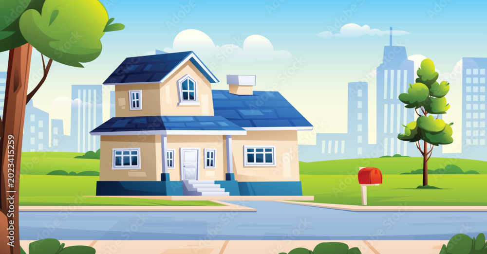 Fototapeta premium Modern two story family house with blue roof and green lawn in sunny suburban area. Vector cartoon illustration