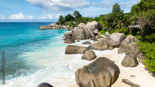 Bilde på lerret Sandy beach with turquoise water. Seychelles, Mahe. Carana Beach