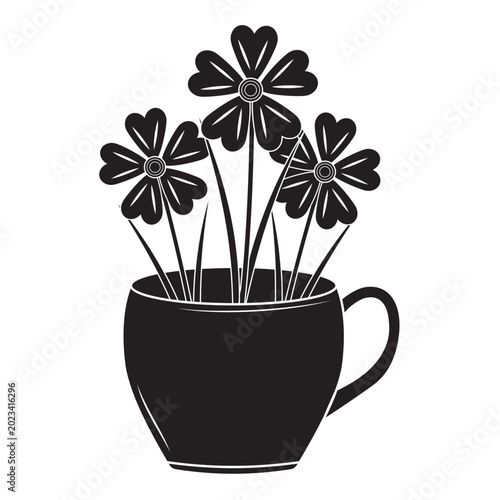 A mug with a bouquet of flowers. Black silhouette
