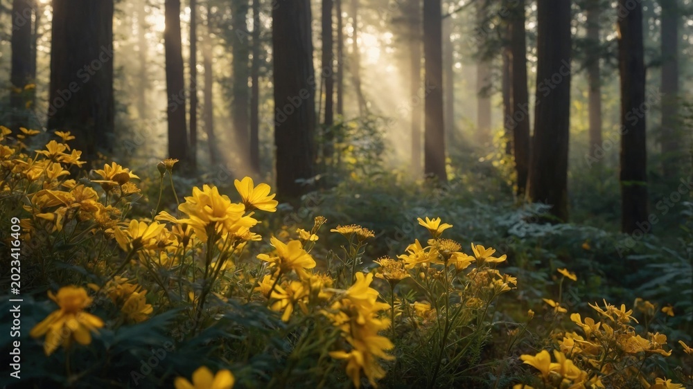 Fototapeta premium Sunlight filters through tall trees in a serene forest, illuminating vibrant yellow flowers in bloom