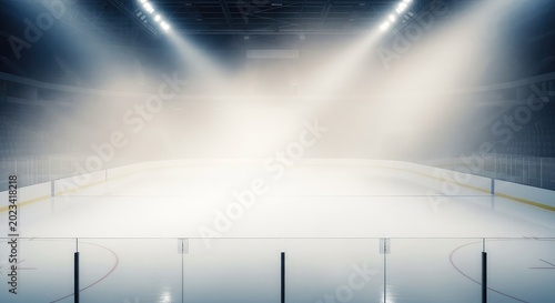 An empty professional hockey arena filled with thick atmospheric fog and dust particles floating over the pristine cold white ice surface, atmospheric, dark, wide