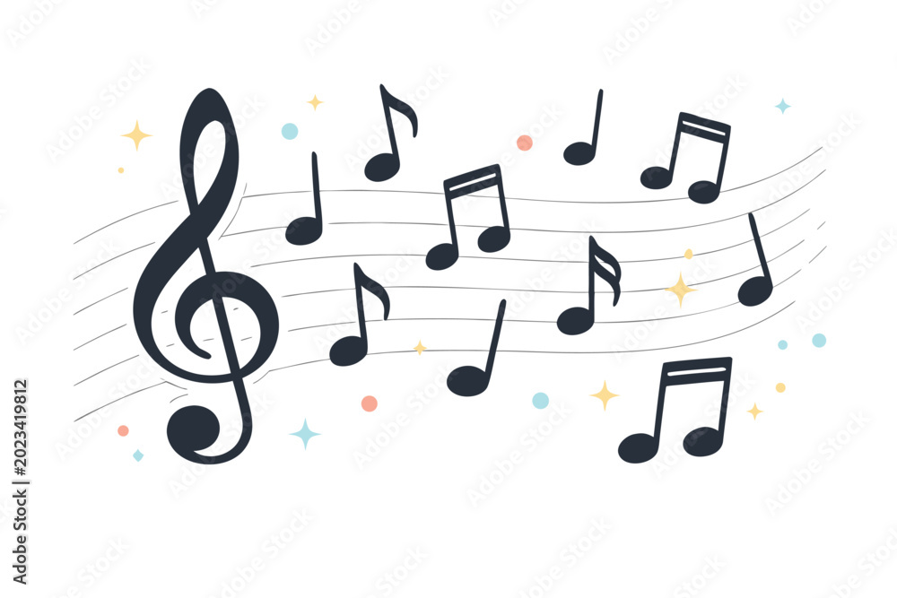 Fototapeta premium A comprehensive and vibrant collection of musical note icons featuring a classic treble clef set against stylized sheet music lines, perfect for flat vector illustrations in audio design projects.
