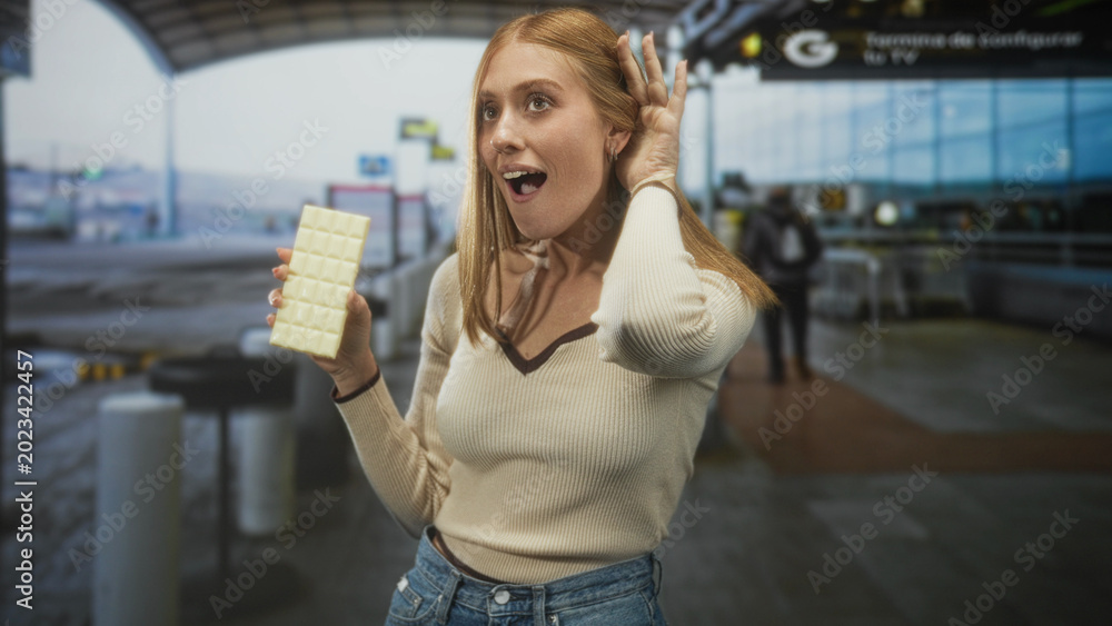 Fototapeta premium Woman holding a white chocolate bar in one hand, other hand to ear and mouth slightly open at airport terminal; playful delight.