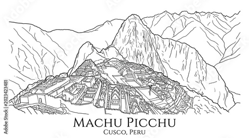 Machu Picchu Outline Drawing With Mountains