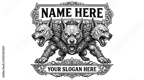 Cerberus Three-Headed Dog Emblem with Ornate Border