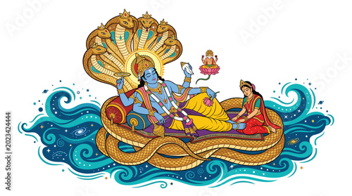 Lord Vishnu rests on the divine serpent Shesha, with Lakshmi attending, floating on the cosmic ocean under a protective cobra hood.