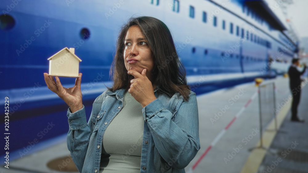 Fototapeta premium Hispanic middle age brunette woman holding small wooden house model with finger to chin beside a large cruise ship on a street; uncertainty decision.