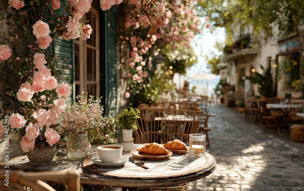 Fototapeta premium Serene Cafe Patio with Pink Flowers and Pastries