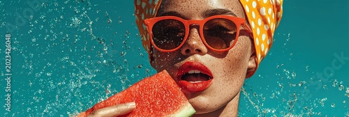 Woman in Orange Headscarf with Watermelon Slice