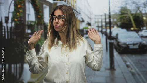 Fotografía Woman in white button shirt and large glasses raises both palms in a shrug gesture on a residential street lined with parked cars and iron railings; uncertainty