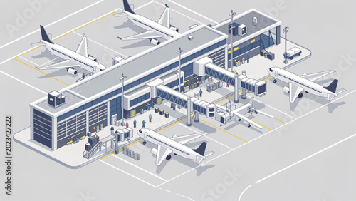 isometric airport terminal with white airplanes and gates on gray tarmac layout