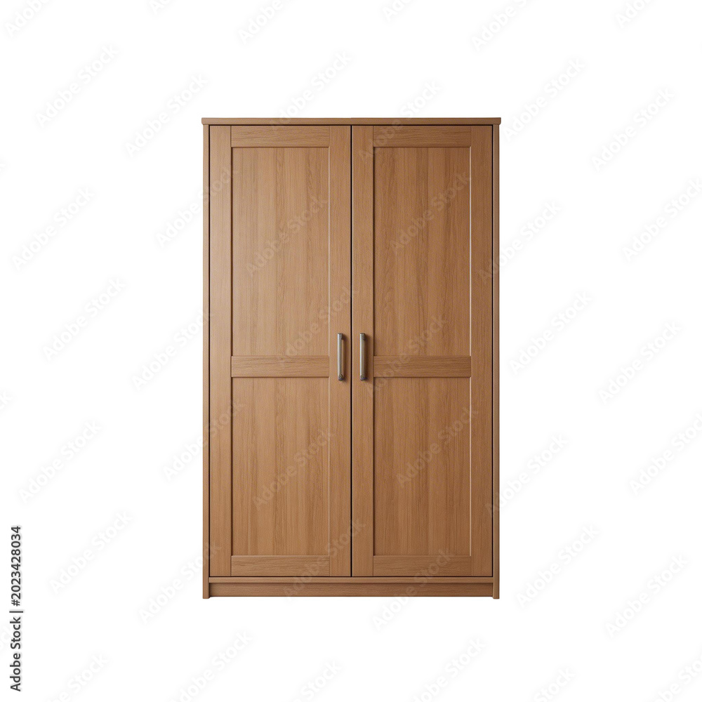 Fototapeta premium A Simple Wooden Wardrobe with Two Doors and Two Handles, Perfect for Bedroom Storage Solutions