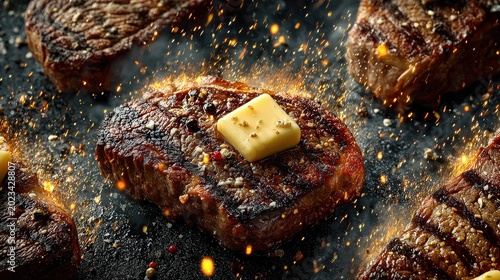 Sizzling Steaks with Cheese on a Grill
