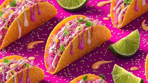 Colorful Tacos with Dipping Sauce on a Purple Table