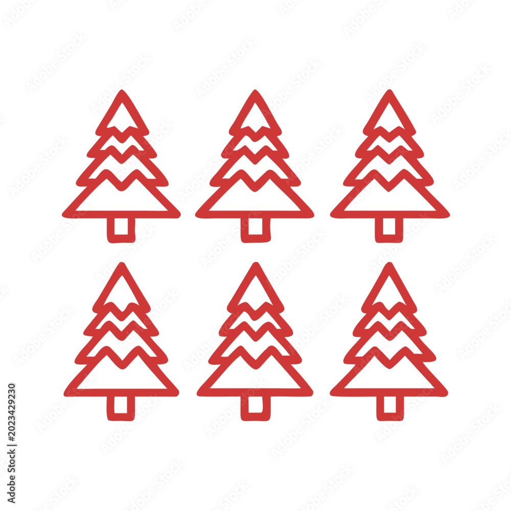 Fototapeta premium Six red outline christmas trees in a row Vector