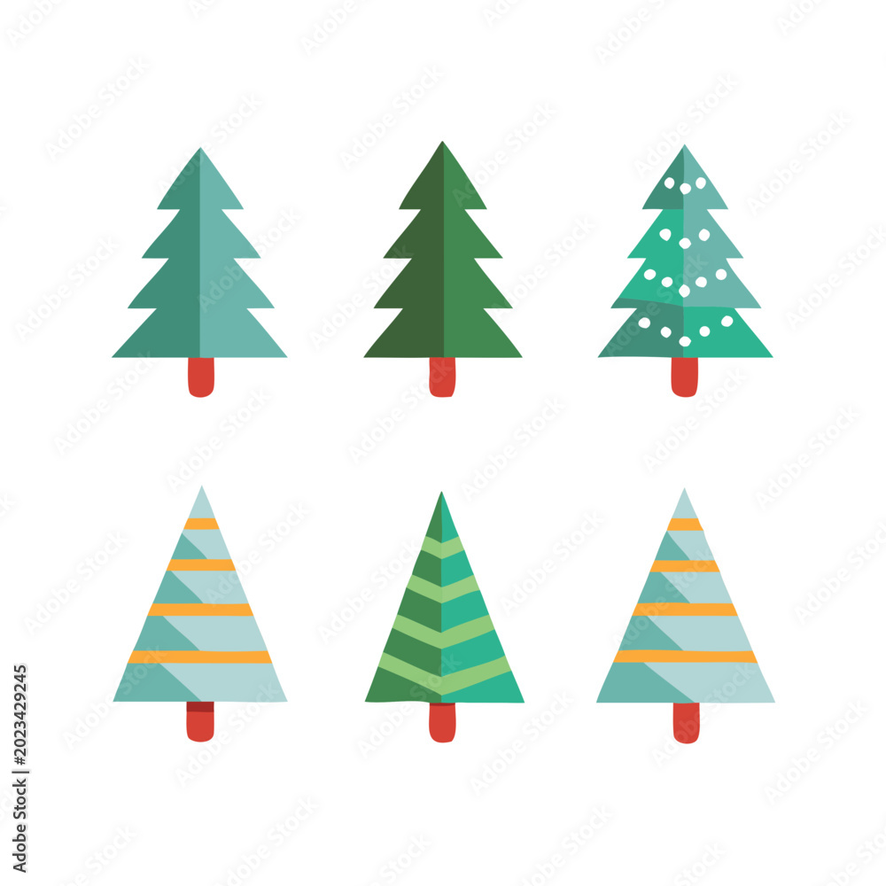 Obraz premium Six colorful christmas trees icon set with red bases Vector