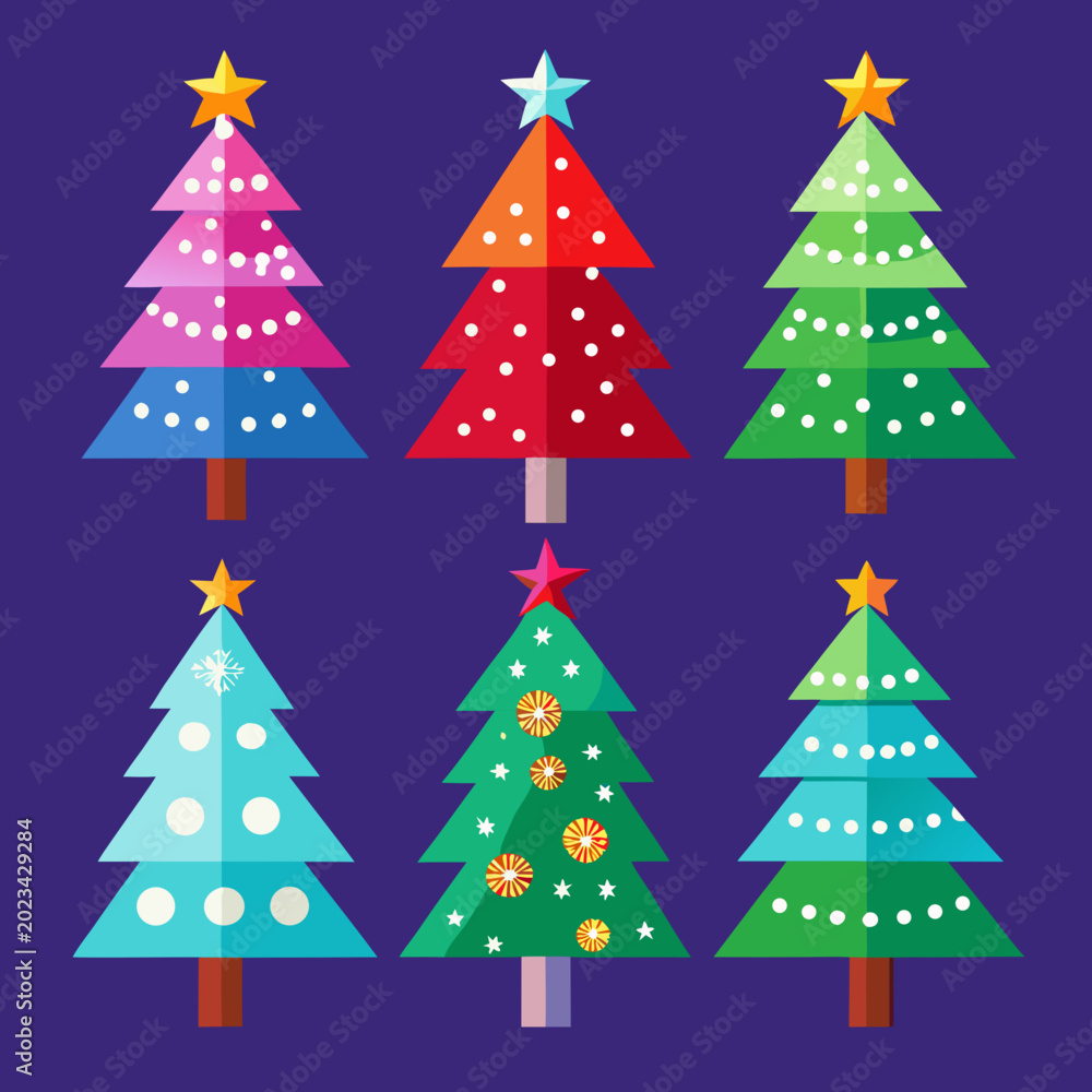 Obraz premium Colorful cartoon christmas trees with ornaments on dark blue background Vector