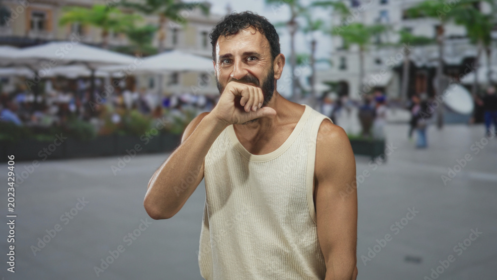 Fototapeta premium Man biting his fist, hand to mouth gesture in a busy street cafe wearing a sleeveless tanktop, bearded middleaged hispanic; stifled amusement.