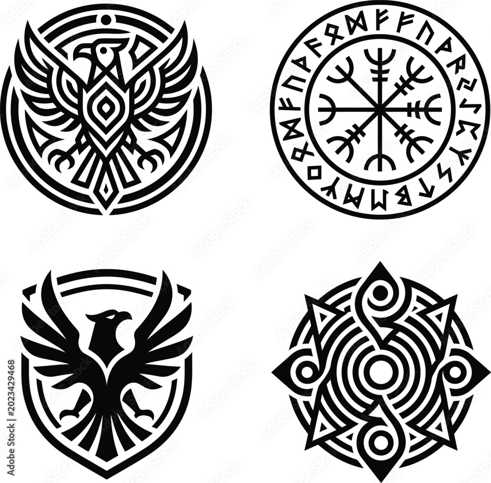 Fototapeta premium Collection of four distinct ancient nordic tribal emblems featuring eagle motifs and embellishing geometric patterns.